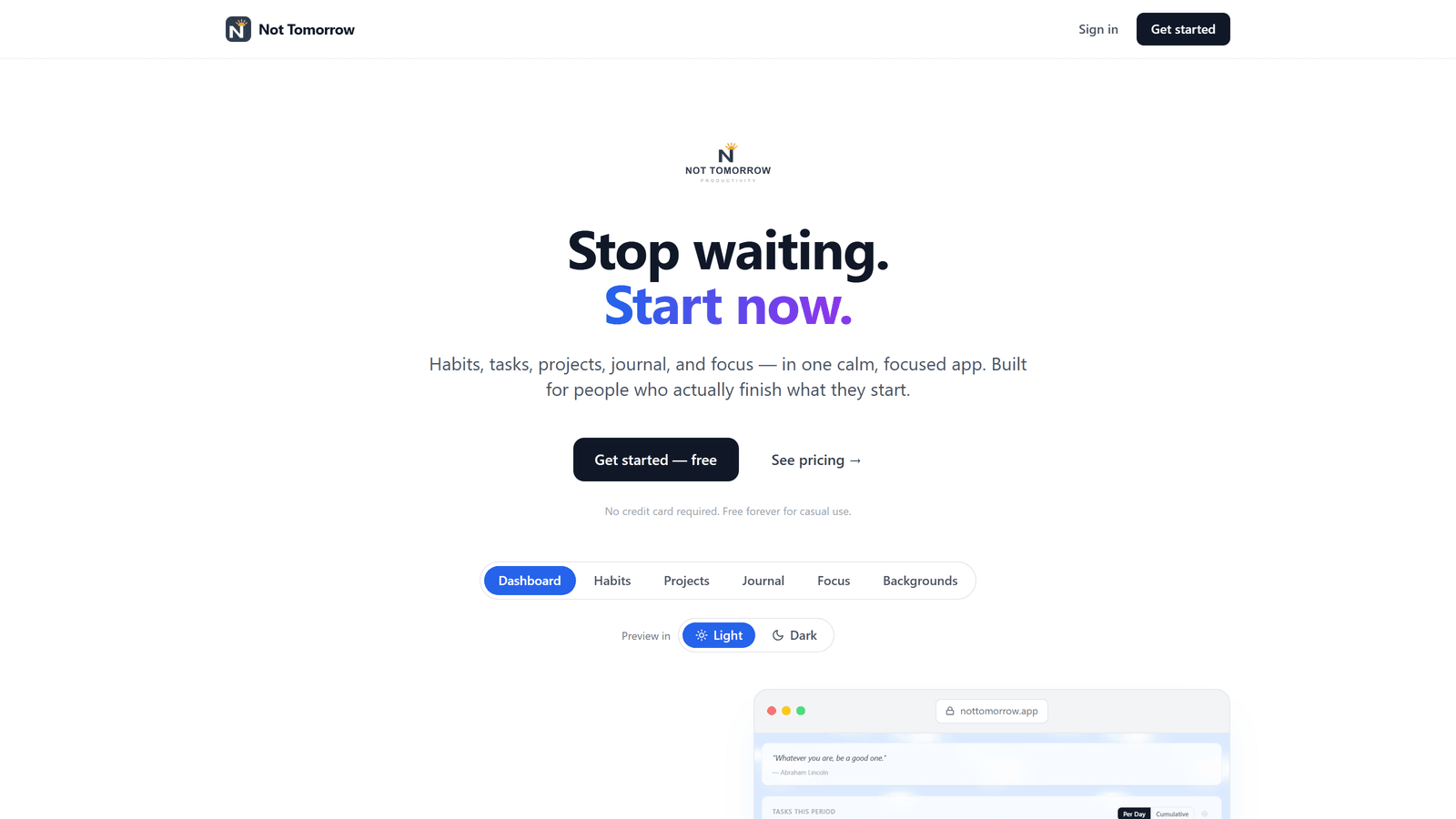 The NotTomorrow web app homepage